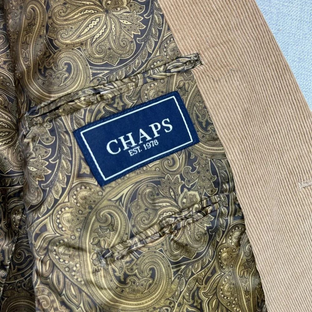 Chaps Corduroy Sport Coat Men 48L Camel Tan Cotton Paisley Lined Blazer Academia